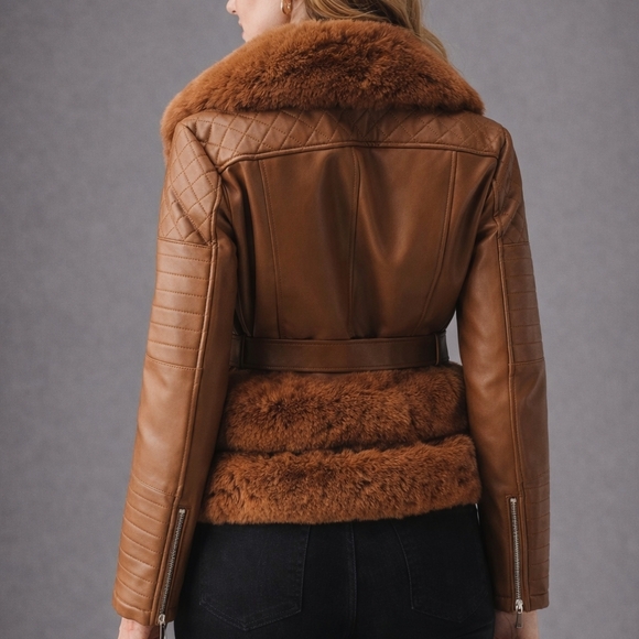 Women's Brown Faux Fur Leather Jacket - Picture 2 of 3